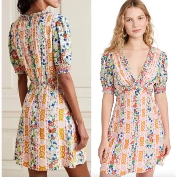 SaloniLea Smocked Floral-print Ecovero-blend Crepe Mini DressSz 0